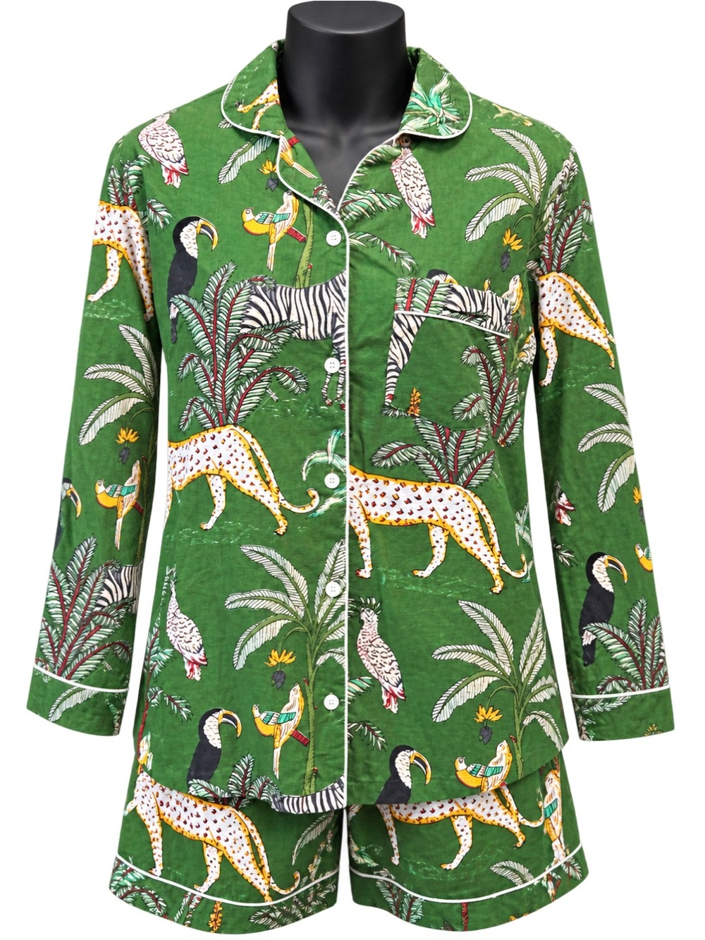 3 Piece Cotton Pajama Set Jungle Safari Animal Print Shirt Pants Shorts Small - Picture 2 of 10